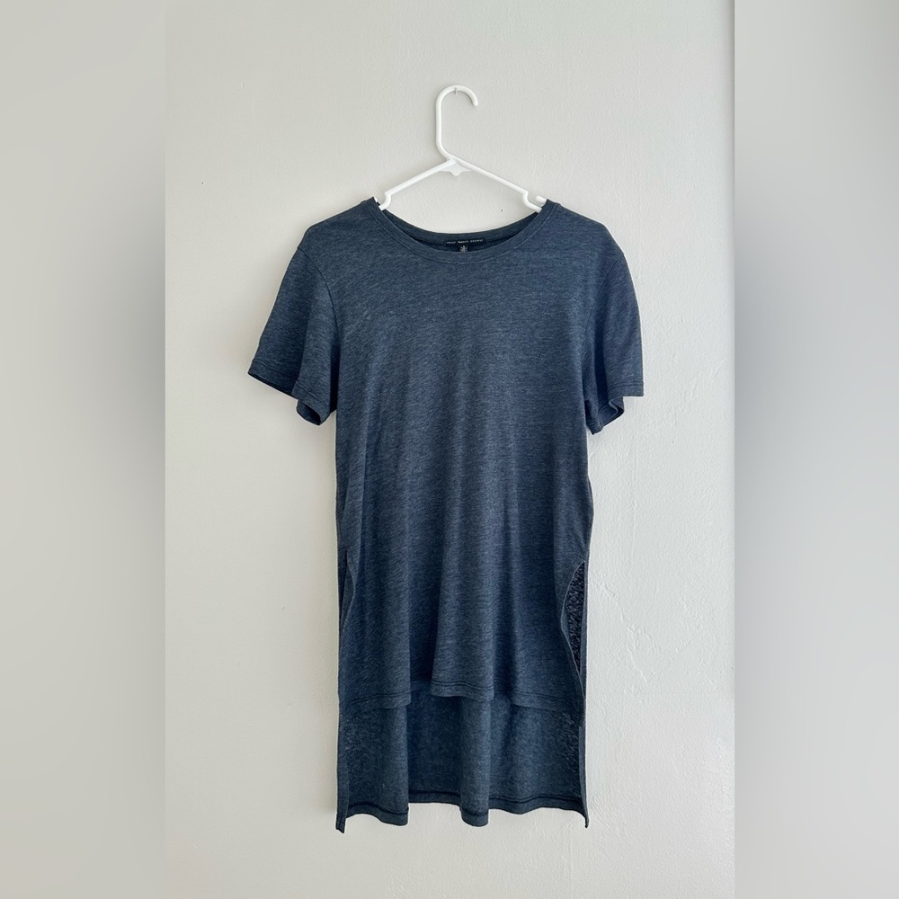 Truly Madly Deeply navy shirt with a long back and graphic design on the back